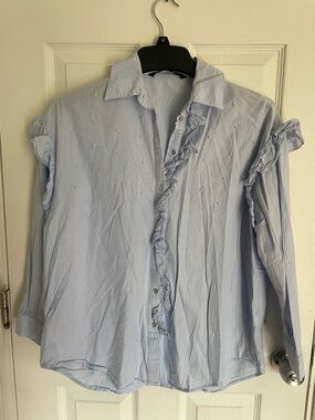 Zara Light Blue Ruffle Button-Up Blouse with Pearl Accents
